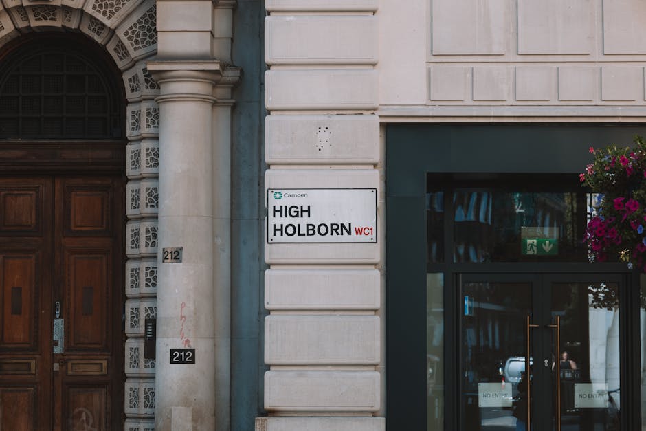 A close-up photograph of the exterior of a building on Camden High Street, NW1, showing a white street sign that reads 'HIG.H HOLBORN WC1' attached to the light-colored stone facade. To the left, part of an ornate wooden door with decorative carvings and a metallic door handle is visible, along with two black house number plaques displaying '212'. To the right, there is a large glass window or entrance with a dark frame, reflecting the street scene beyond, and decorated with a hanging basket filled with vibrant pink and purple flowers. The building's facade features detailed stonework and architectural elements typical of an urban London setting, with natural daylight illuminating the scene. This setting often involves activities related to house removals, such as moving furniture or boxes, supported by businesses like Man with Van Camden, which provides professional relocation services in the area.